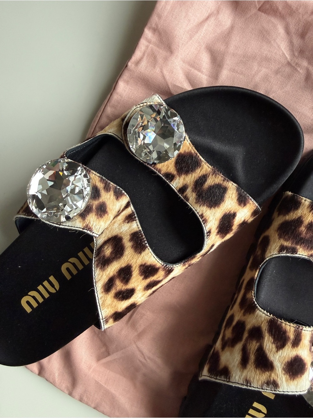Miu Miu Leopard-Print Slide Sandals with Oversized Crystal NWT
